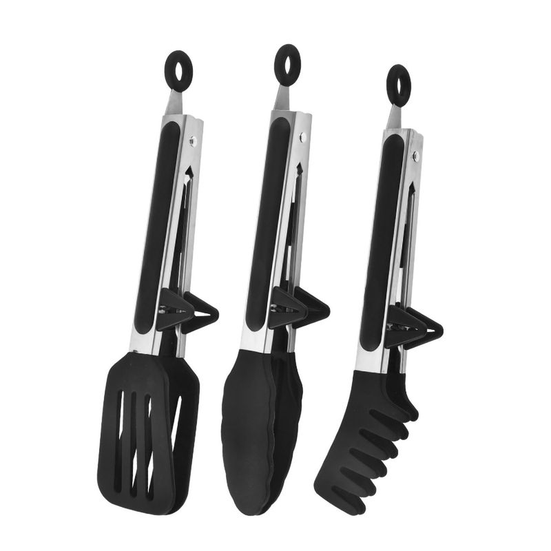 GENERICO - 3 Pcs Pinzas De Cocina De Acero Inoxidable Con Soporte-Negro