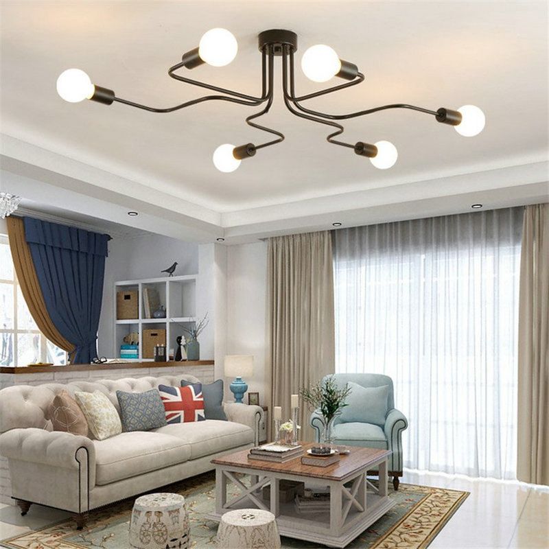 MMDH - Lámpara de techo de hierro decorativa moderna negro 6 Ampolletas