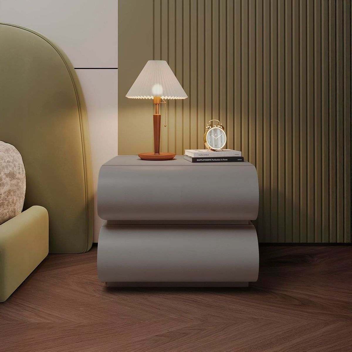 SANTU HOME & DECO - Velador Minimalista Gris Claro Doble Cajon