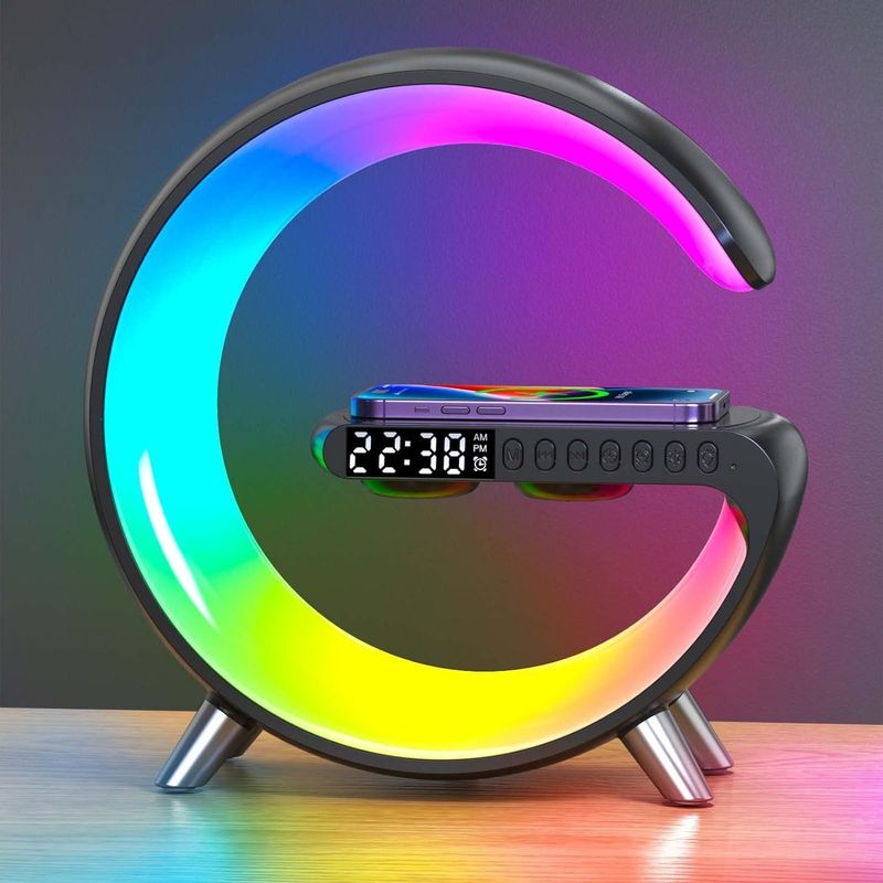 PUREPOWER - Bocina Bluetooth Cargador Inalámbrico Mesa Lampara Reloj-Negro