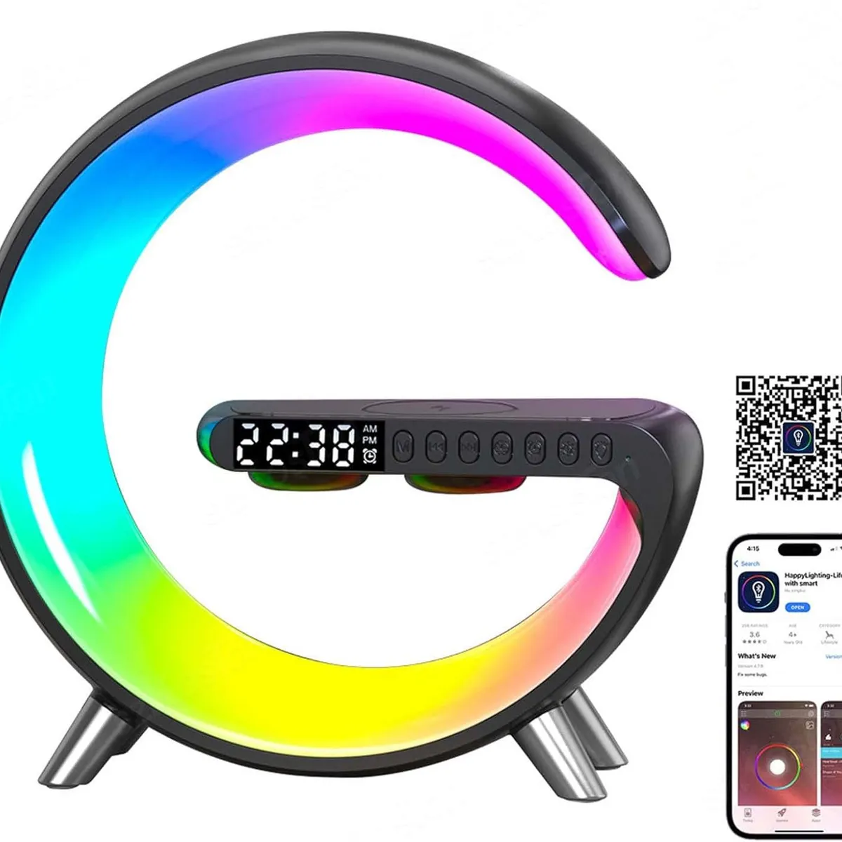 PUREPOWER - Bocina Bluetooth Cargador Inalámbrico Mesa Lampara Reloj-Negro