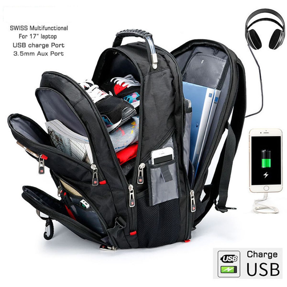 PUREPOWER - Mochila USB Crossten Swiss multifuncional impermeable para portátil