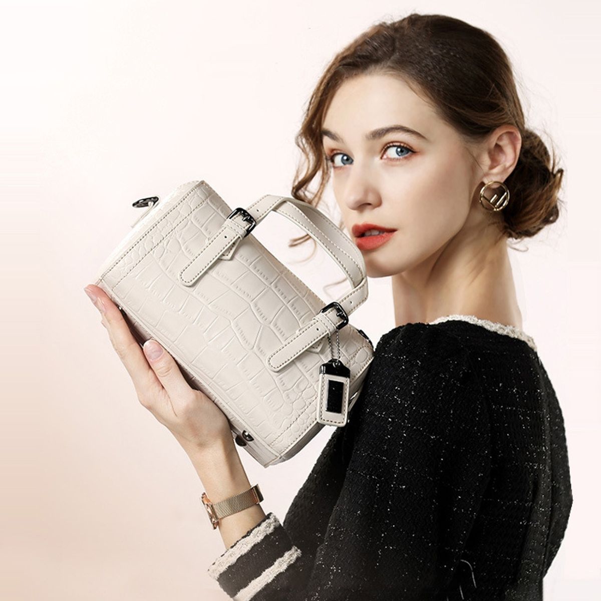 PUREPOWER - Bolso de mano de piel de vacuno con estampado de cocodrilo