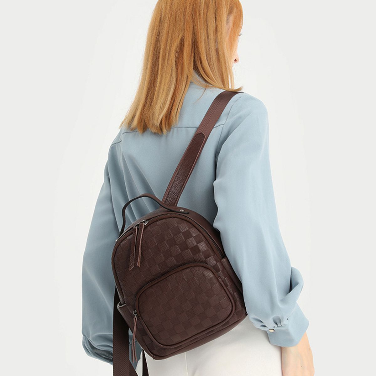 PUREPOWER - Mochila casual de couro mochila pequena de losango de alta qualidade