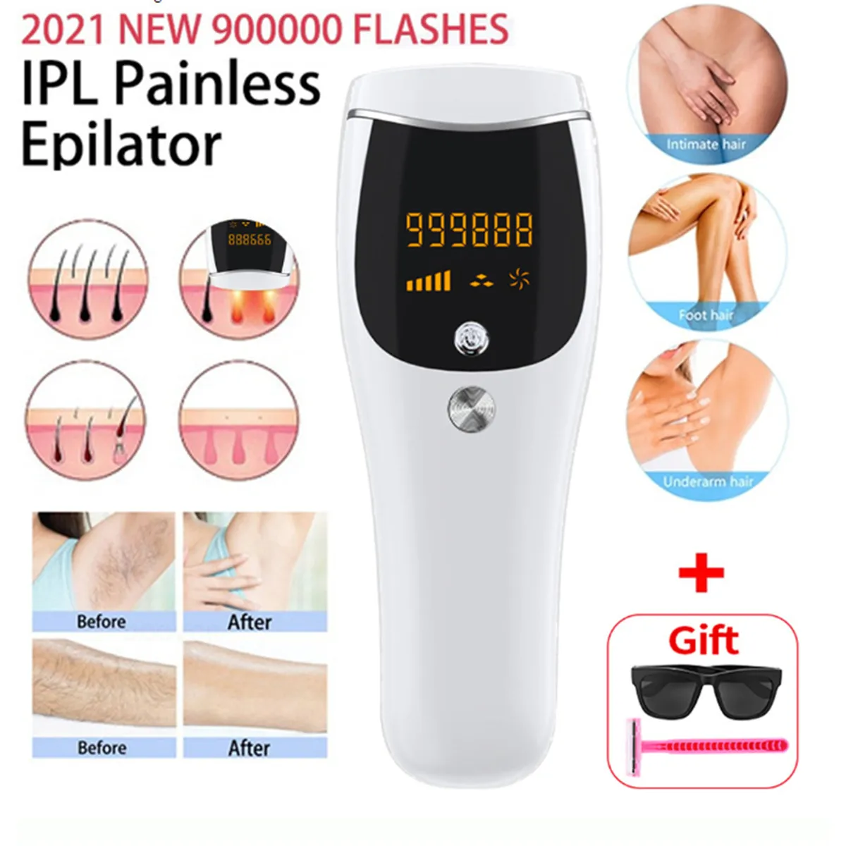 PUREPOWER - Depiladora Permanente Láser 990000 Flashes Facial Y CorporaBlanco