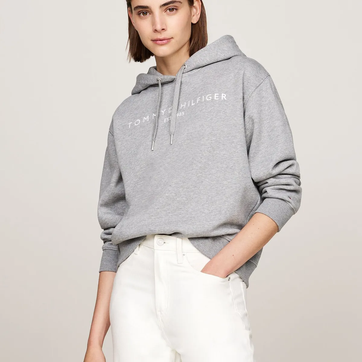 TOMMY HILFIGER - Polerón Hoodie Con Logo Bordado Gris Tommy Hilfiger
