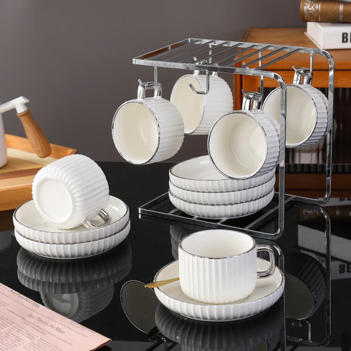 SANTU HOME & DECO - Juego de Té y Café Tazas y Platos 230ml Lineas Plateado 6un