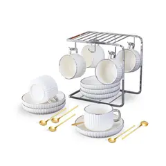 SANTU HOME & DECO - Juego de Té y Café Tazas y Platos 230ml Lineas Plateado 6un