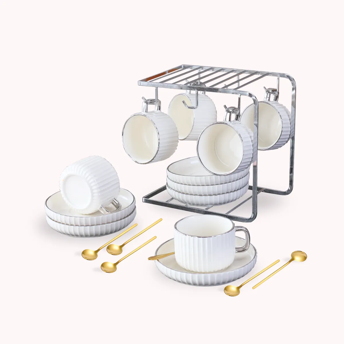 SANTU HOME & DECO - Juego de Té y Café Tazas y Platos 230ml Lineas Plateado 6un