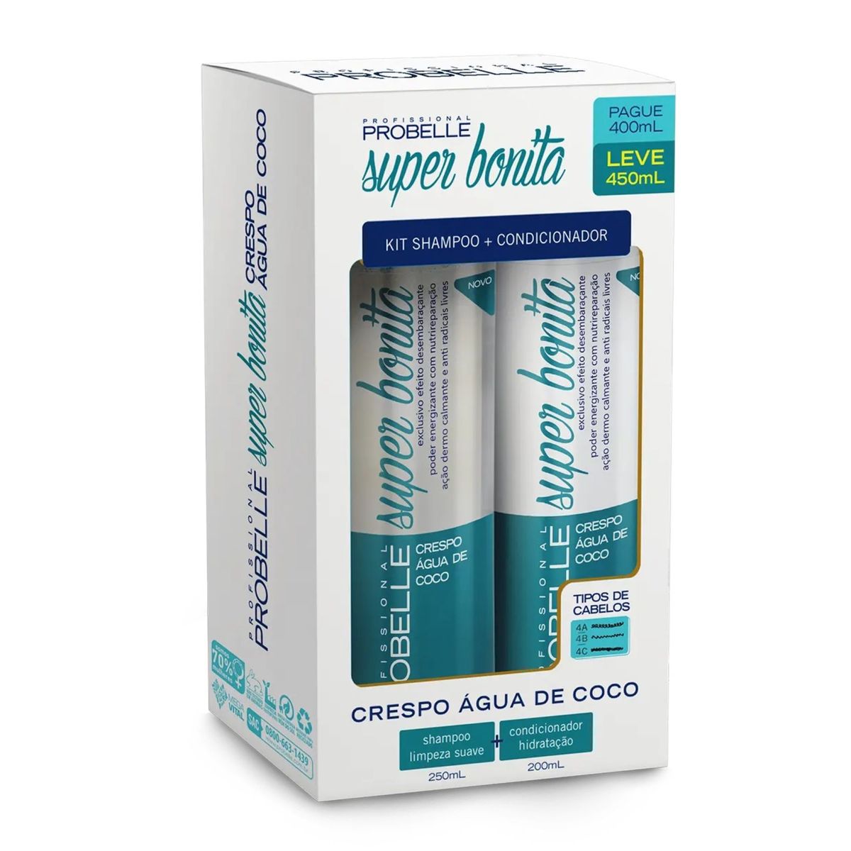 PROBELLE - KIT SHAMPOO Y ACONDICIONADOR 450ML RIZADO AGUA DE COCO PROBELLE