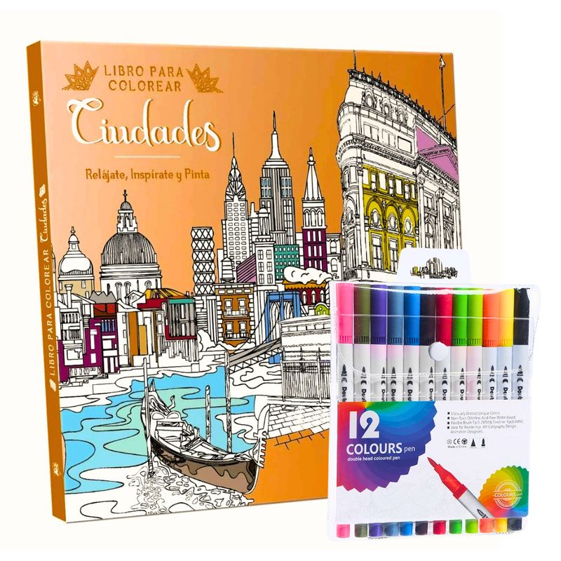 PRONOBEL - Libro Mandala Ciudades + 12 Plumones Doble Punta Fina/gruesa