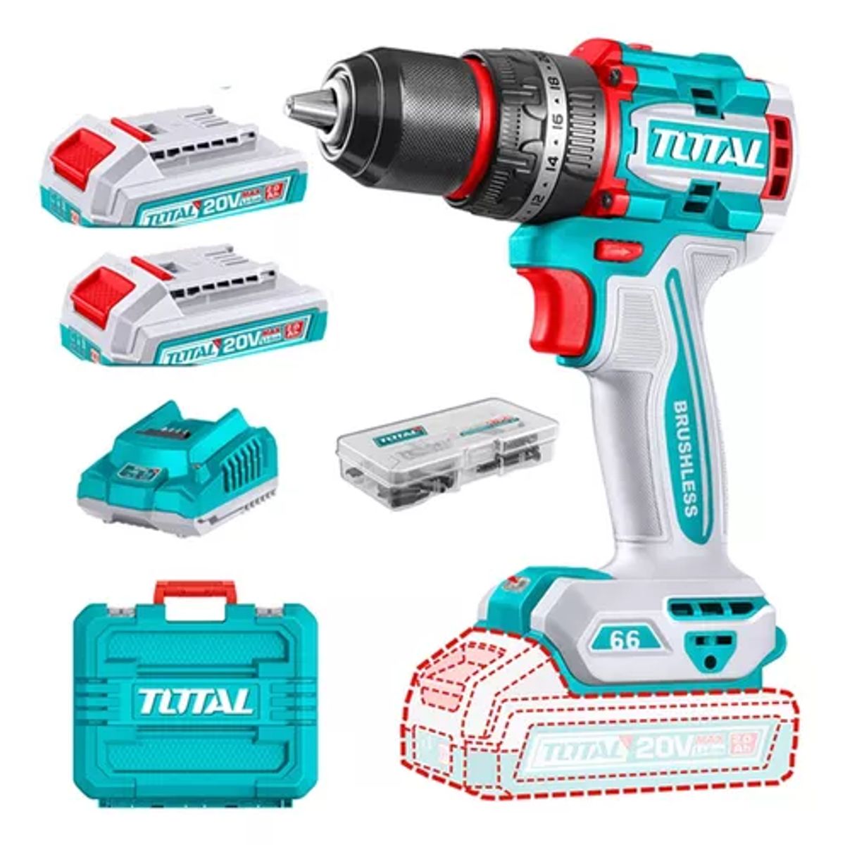 TOTAL TOOLS - Taladro Atornillador Percutor 20v 2bat+carg Total Tidli20668