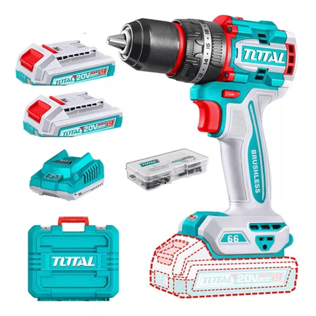 TOTAL TOOLS - Taladro Atornillador Percutor 20v 2bat+carg Total Tidli20668