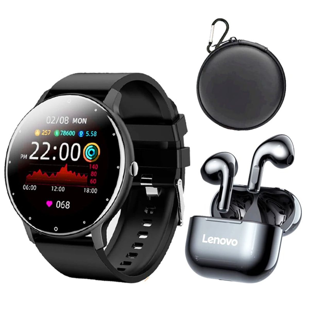 LENOVO - Audífonos Lenovo LP40-Negro y Smartwatch Toumi Fit 2 Negro y Estuche