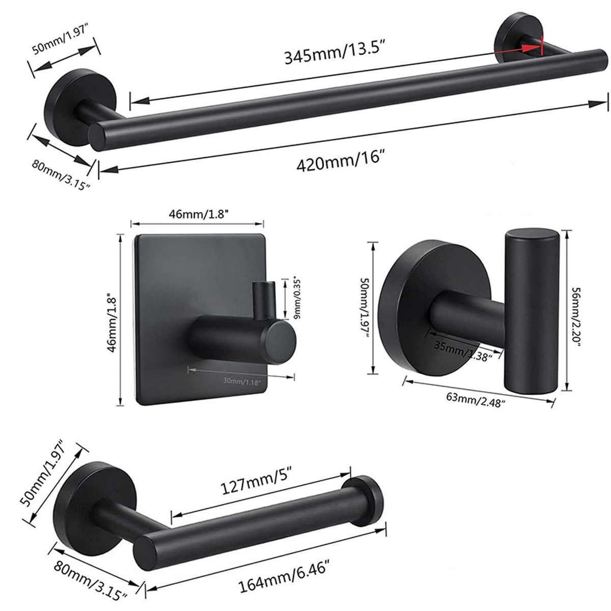 PUREPOWER - Juego De Accesorios Baño Negro Toallero Ganchos Para Toallas-Negro