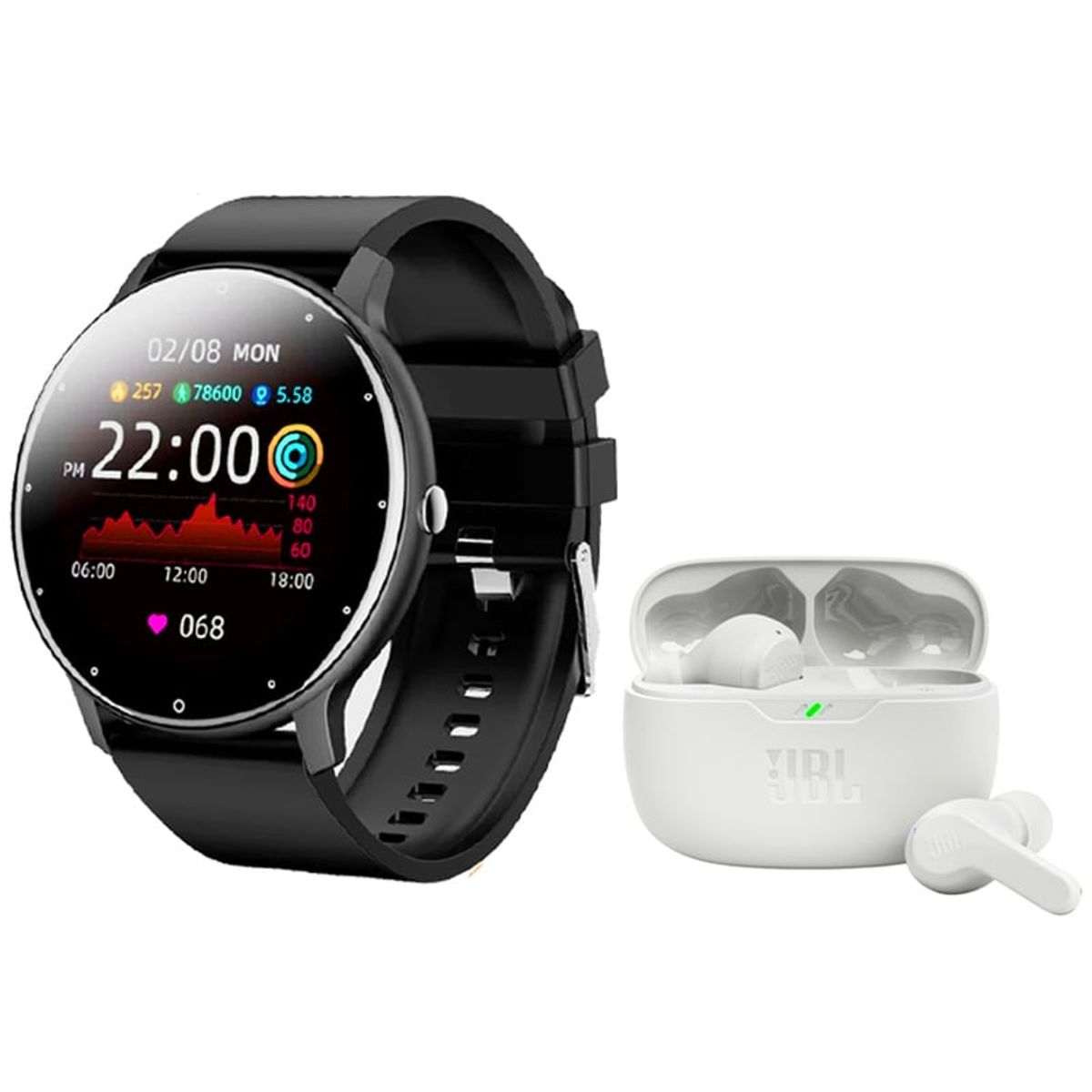 JBL - JBL Wave Beam T230 NC Audífonos-Blanco y Toumi Watch Fit 2