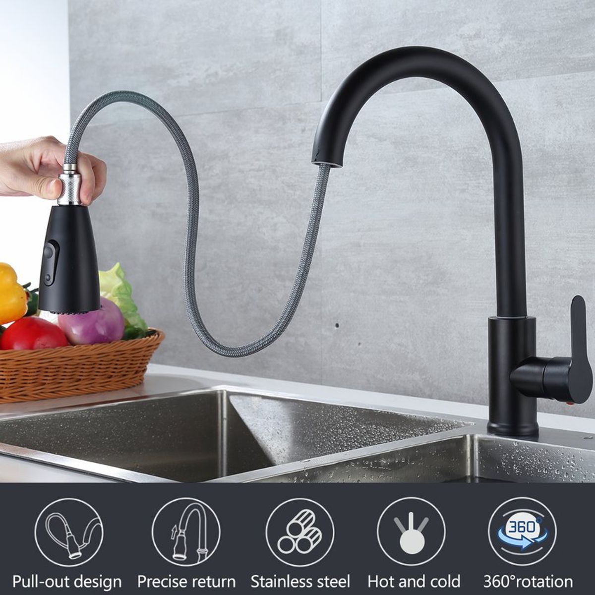 HOME NEAT - Grifo llave lavaplatos monomando cocina extensible - Negro