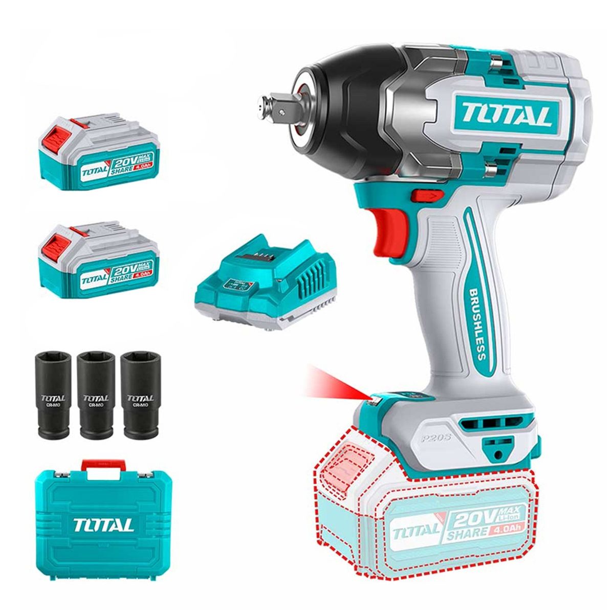 TOTAL TOOLS - Taladro Pistola Llave Impacto 20v 2bat+ Carg 850nm Total