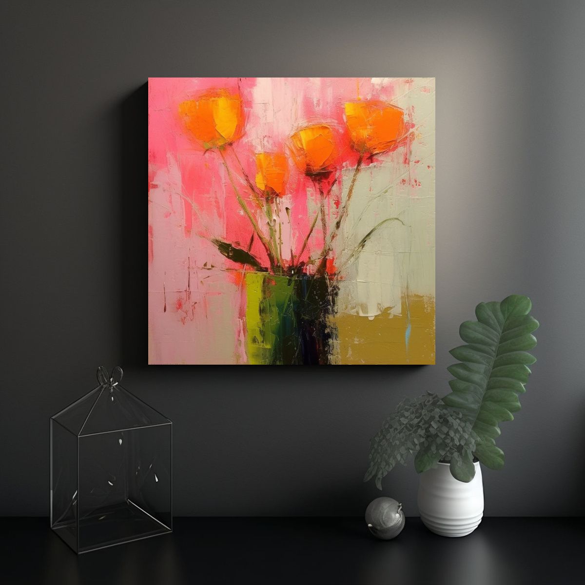 GENERICO - Pintura Decorativa De Flores Saltarinas En Rosa Y 70x70 Cm