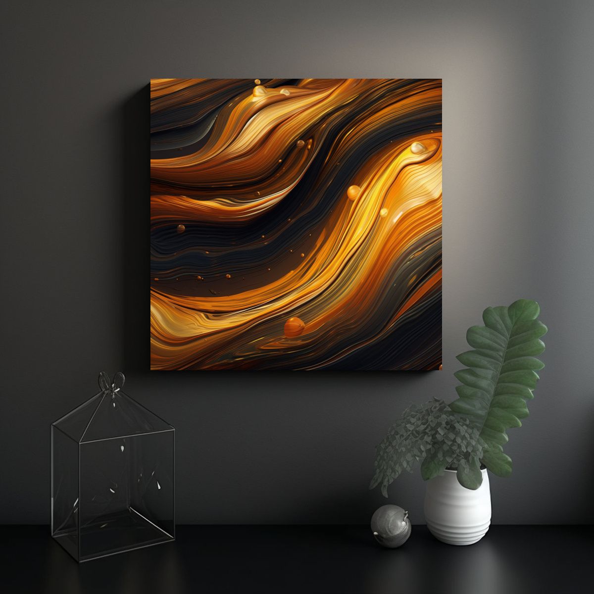 GENERICO - Cuadro Abstracto Aceite Fondo Oscuro Ondulado 90x90 Cm