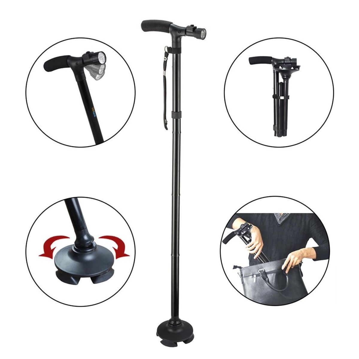 GENERICO - Bastón Plegable Luz Led 4 Soporte Ortopédico