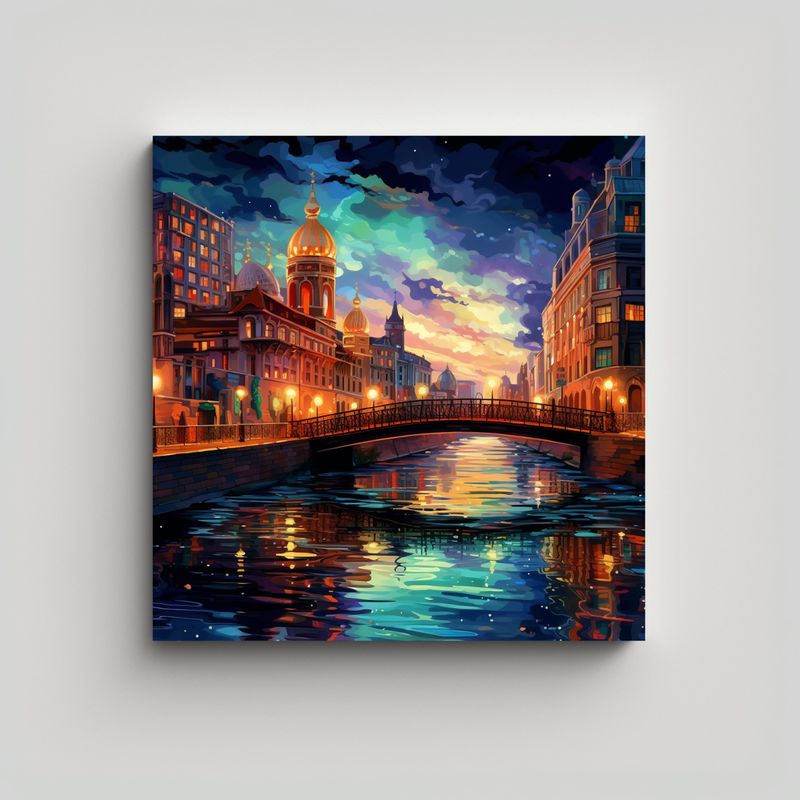GENERICO - Pintura Decorativa De Río Con Puente Y Edificios 80x80 Cm