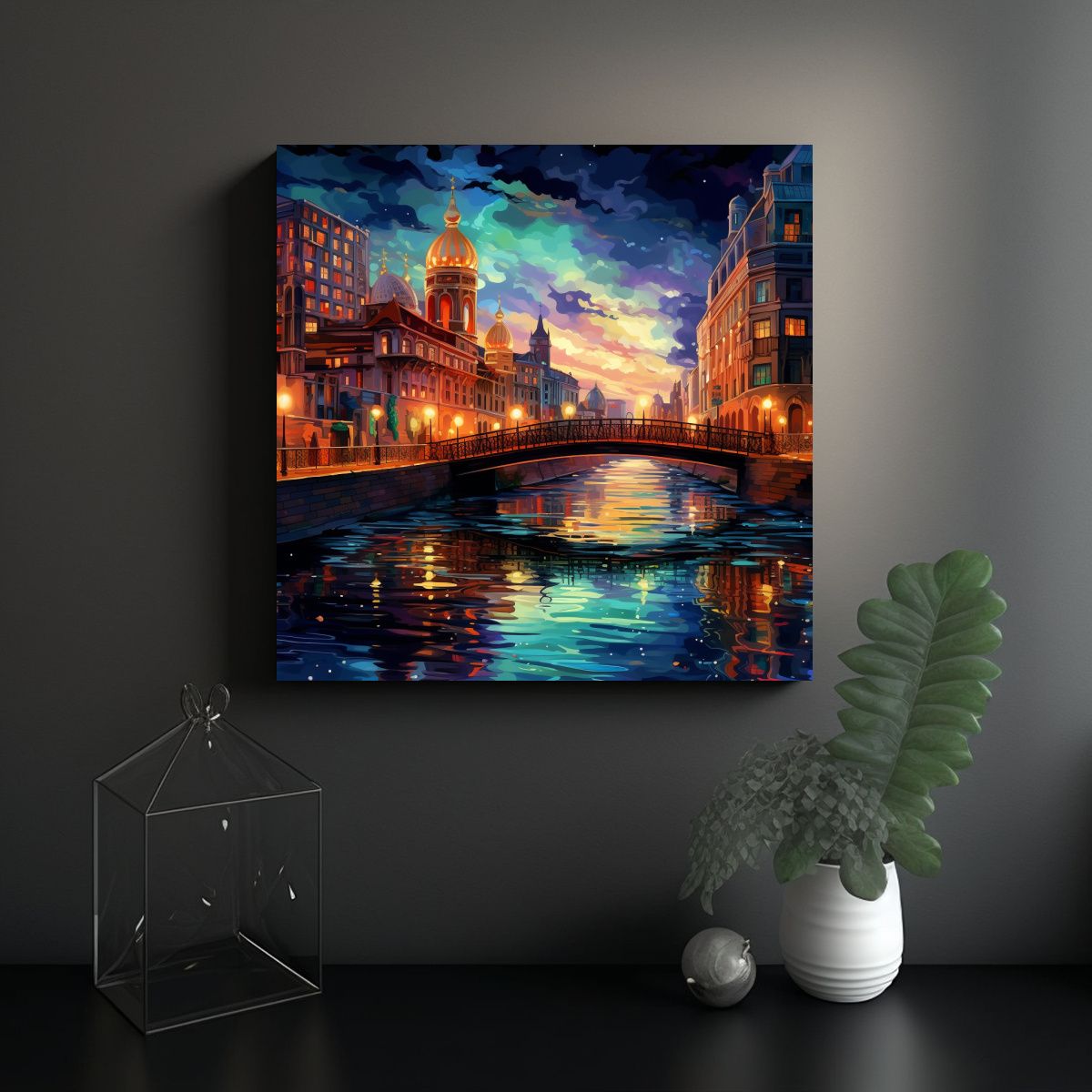 GENERICO - Pintura Decorativa De Río Con Puente Y Edificios 80x80 Cm