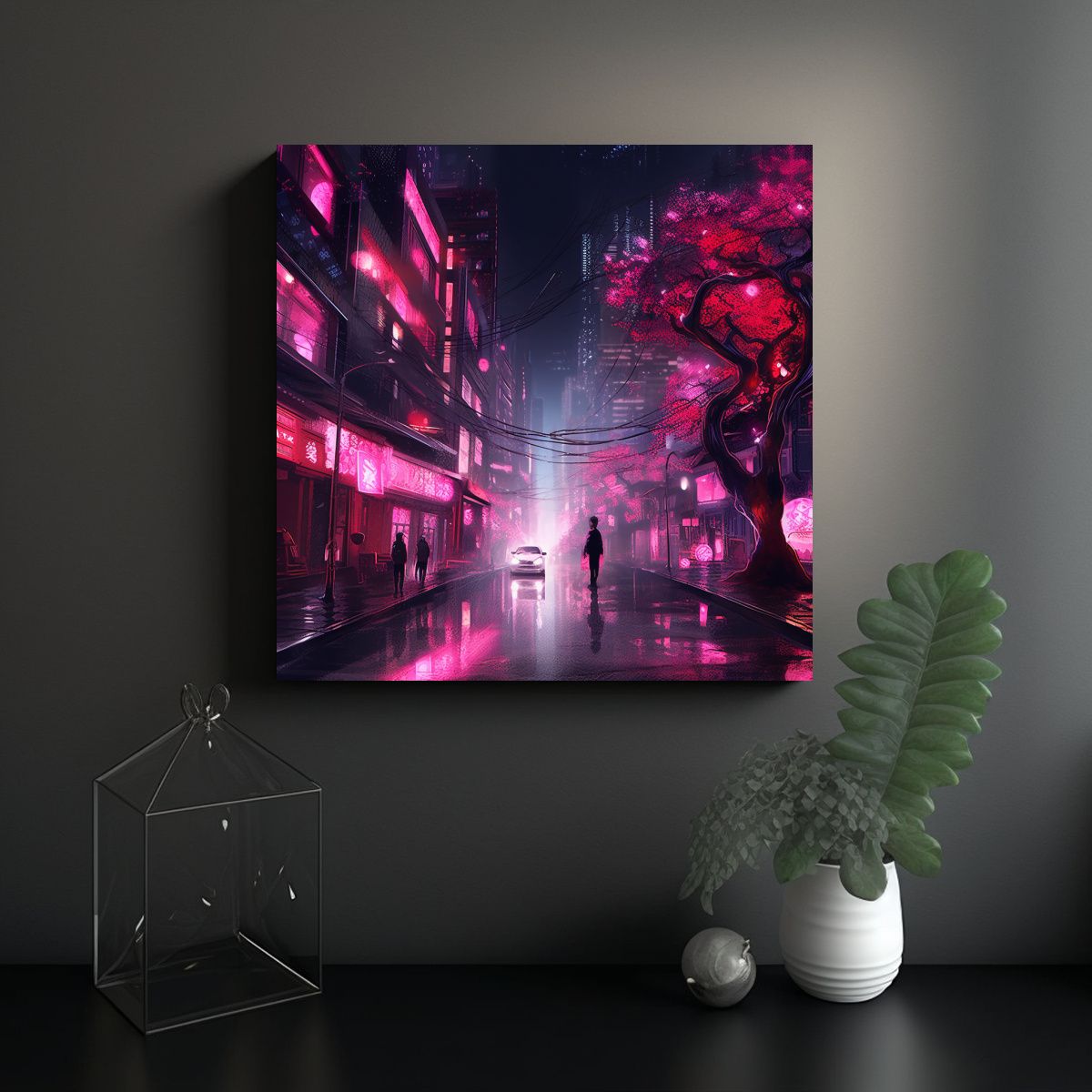 GENERICO - Cuadro Tema Época Ciudad Neón Rosa Noche 60x60 Cm