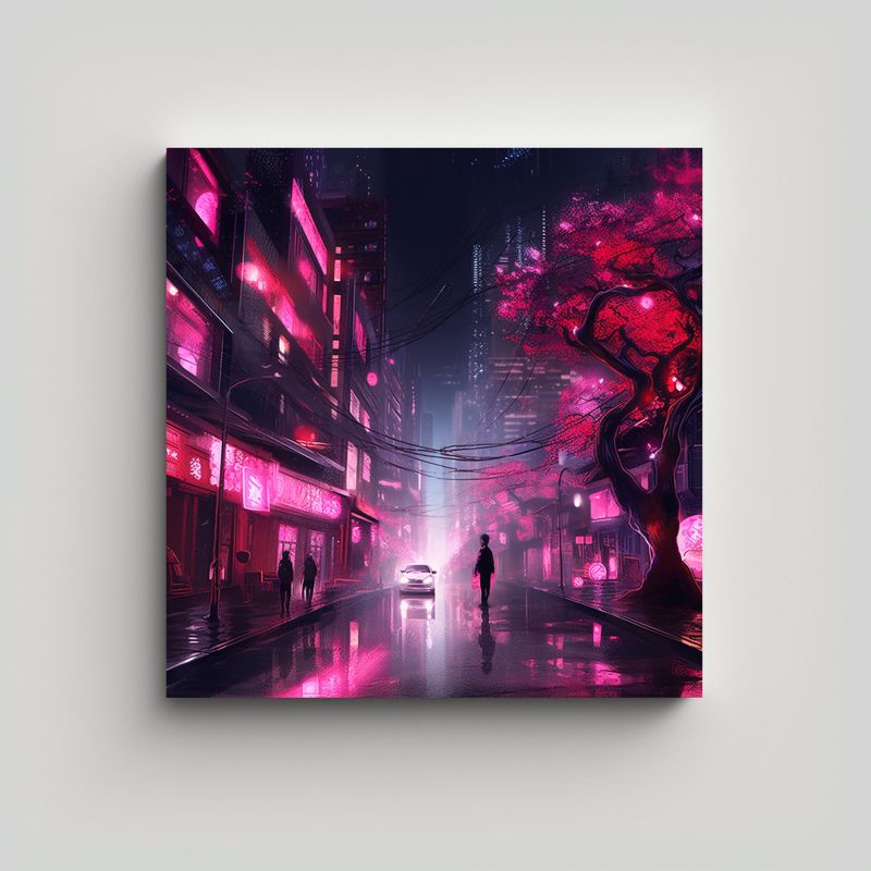 GENERICO - Cuadro Tema Época Ciudad Neón Rosa Noche 50x50 Cm