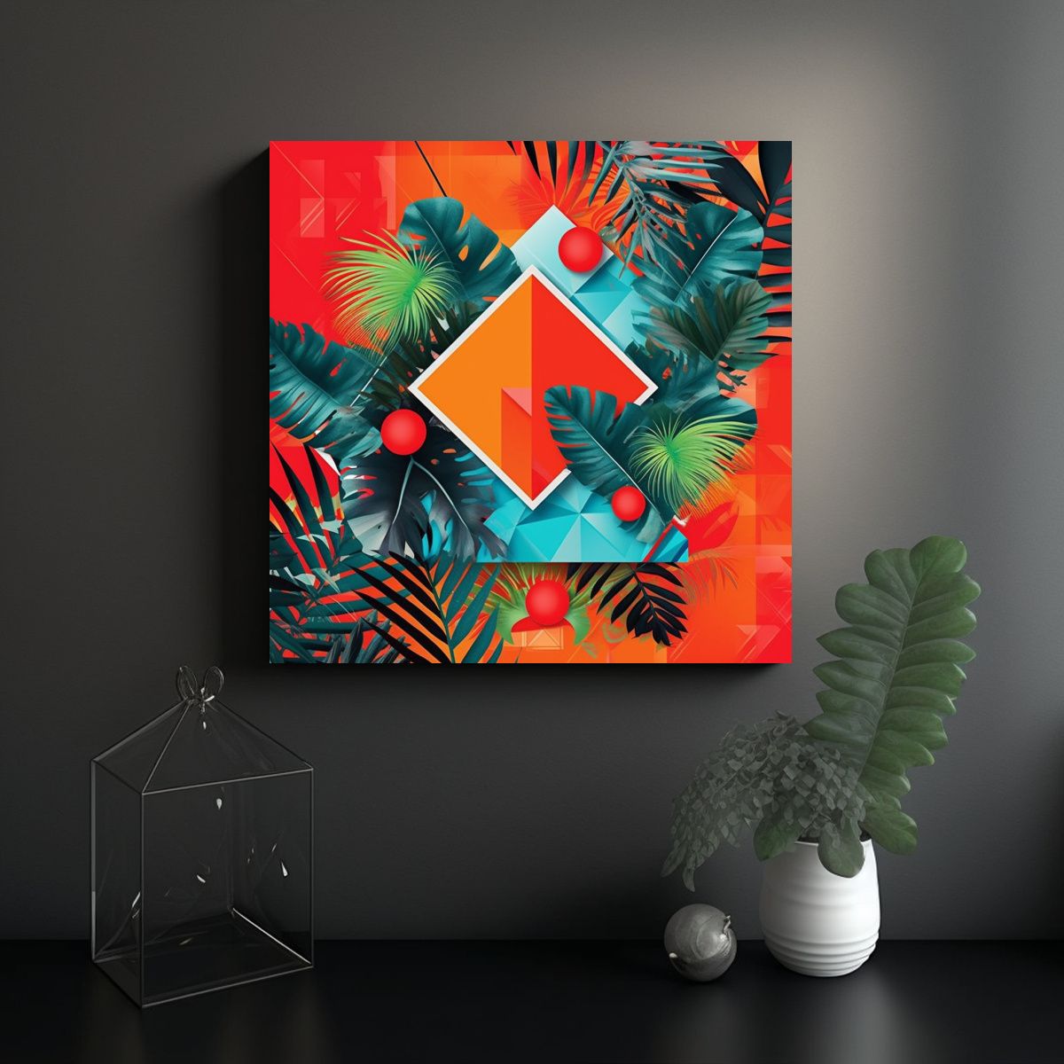 GENERICO - Cuadro Geométrico Con Hojas De Palma Decoración 60x60 Cm