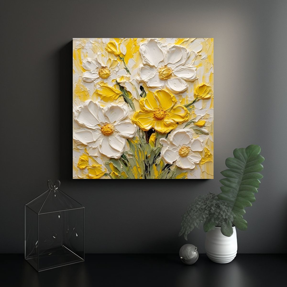 GENERICO - Pintura De Flores Amarillas Y Blancas En Cuadro 70x70 Cm
