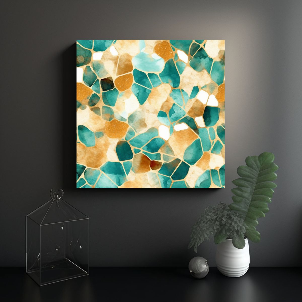 GENERICO - Cuadro Moderno Mapa Acuarela Dorado Y Turquesa 60x60 Cm