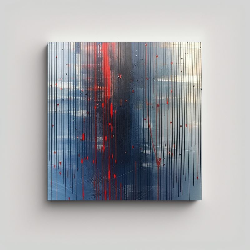 GENERICO - Cuadro Abstracto Con Líneas Azules Y Gotas Rojas 70x70 Cm