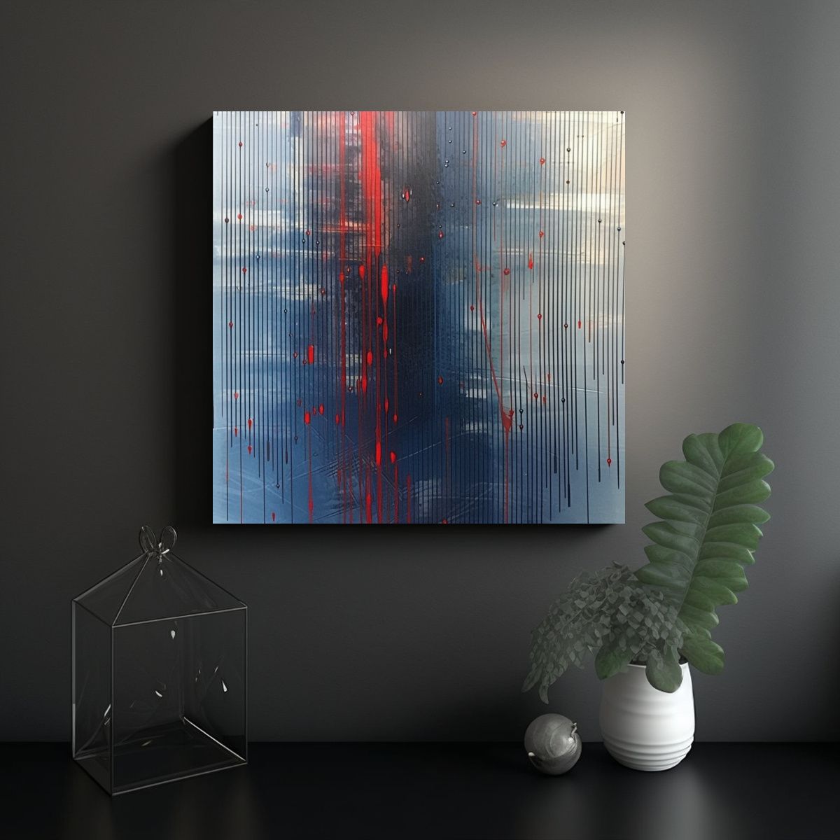 GENERICO - Cuadro Abstracto Con Líneas Azules Y Gotas Rojas 60x60 Cm