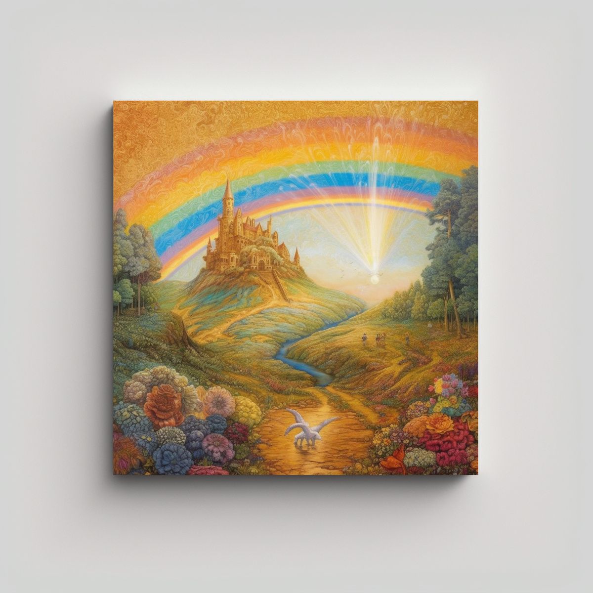 GENERICO - Pintura Lienzo Paisaje Arco Iris Dorado: 60x60 Cm