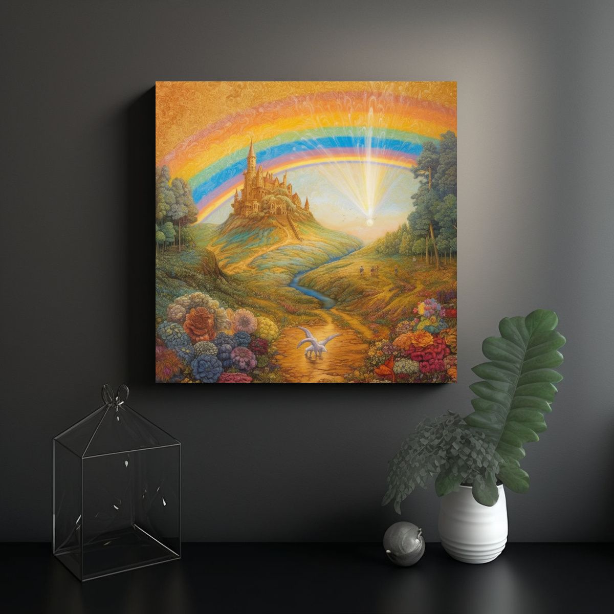 GENERICO - Pintura Lienzo Paisaje Arco Iris Dorado: 60x60 Cm