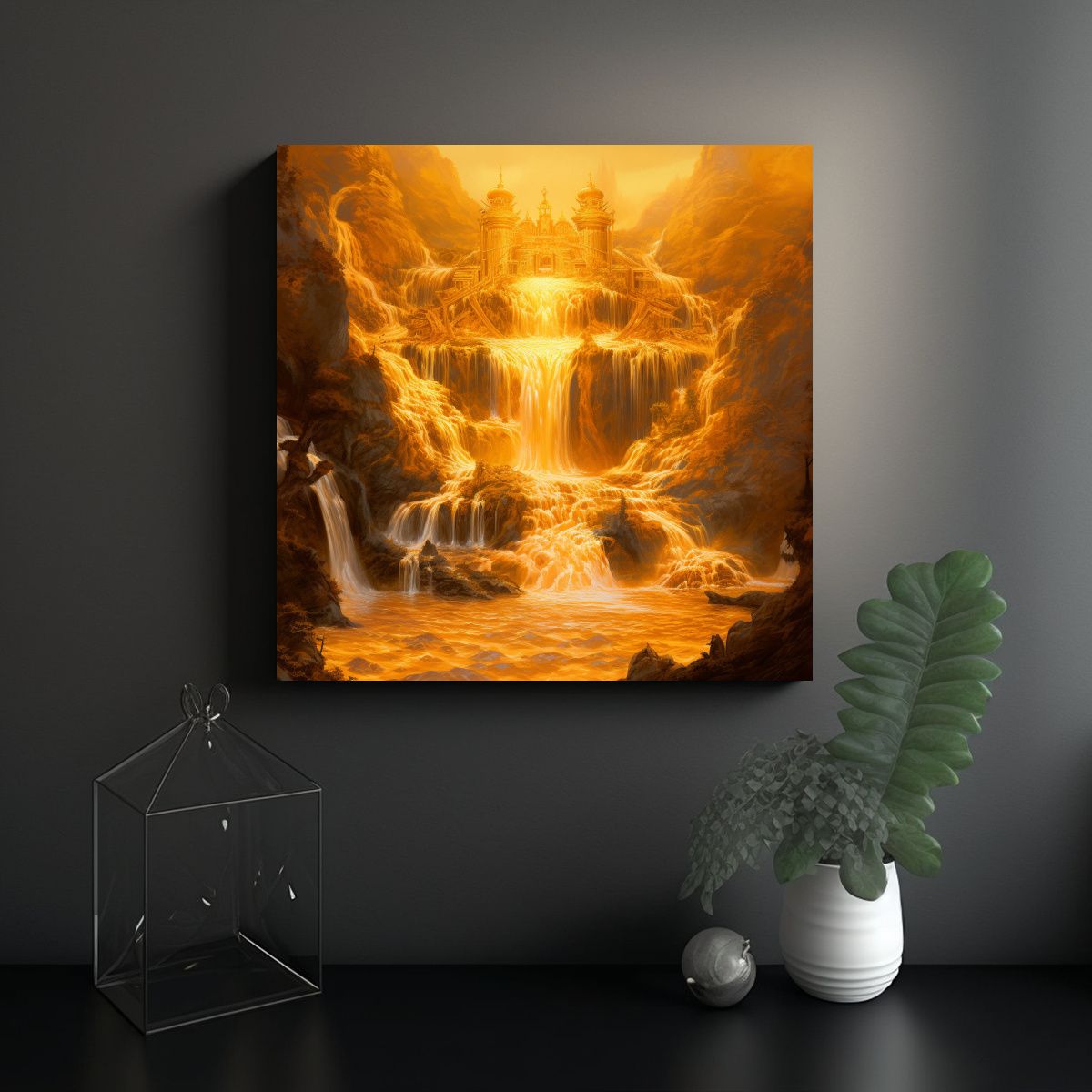 GENERICO - Pintura Abstracta Cascada Dorada Sobre Lienzo 50x50 Cm