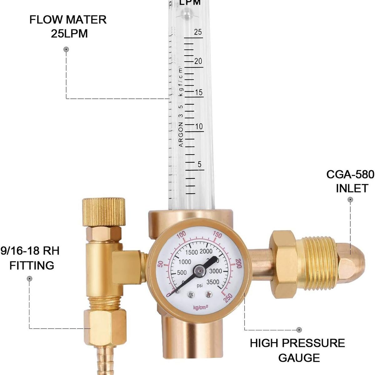 KUANGYE - Regulador Con Flujómetro Para Co2 Y Gas Argón 3500 Psi