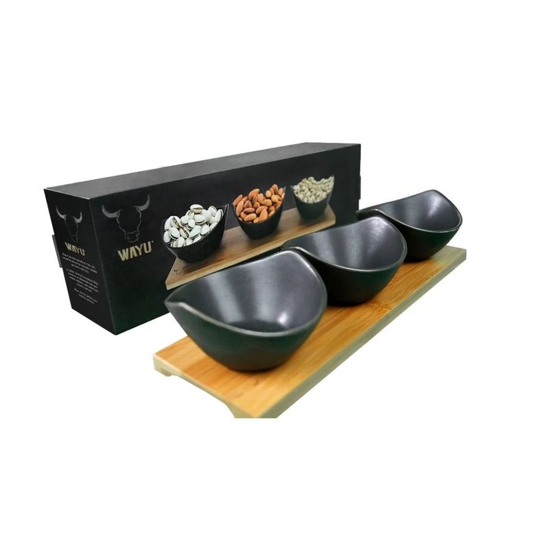 GENERICO - Set De 3 Bowl Cerámica+ Bandeja Bambú Wayu Picoteo Aperitivo