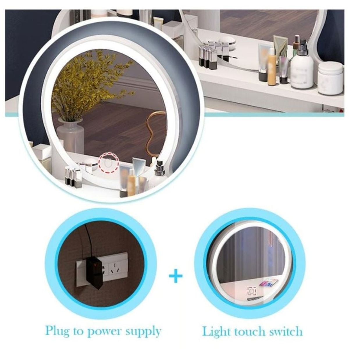 GENERICO - Mesa De Noche Maquillador Escritorio 2 Cajones Espejo Led y Banco