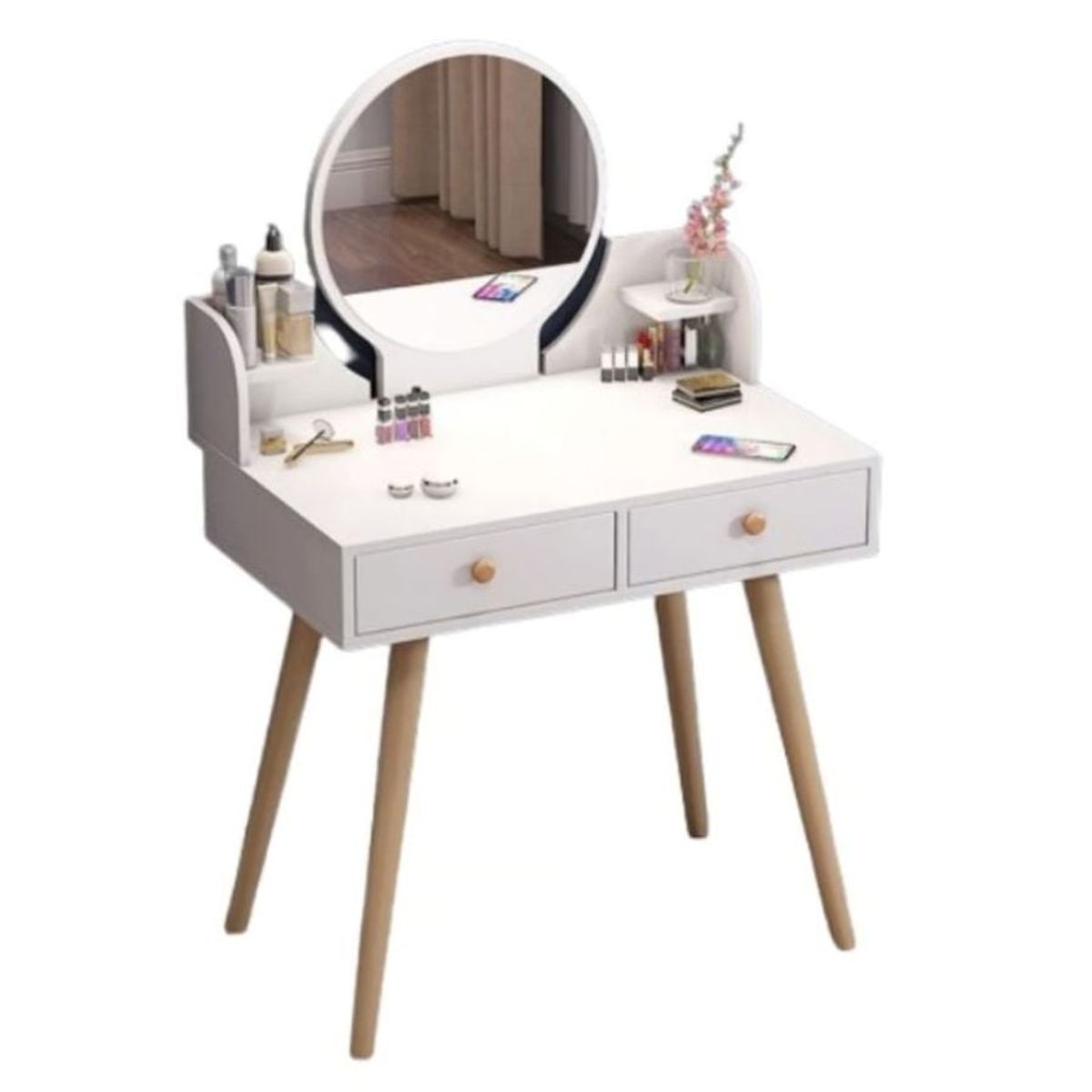 GENERICO - Mesa De Noche Maquillador Escritorio 2 Cajones Espejo Led y Banco