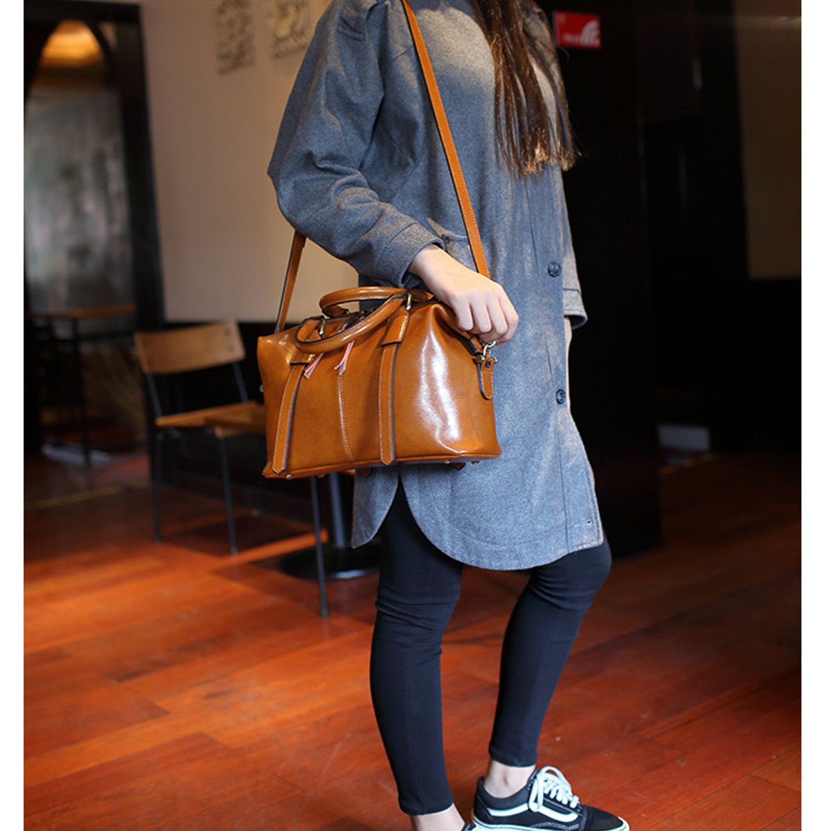 PUREPOWER - Bolso grande bandolera de hombro de cuero genuino portátil retro
