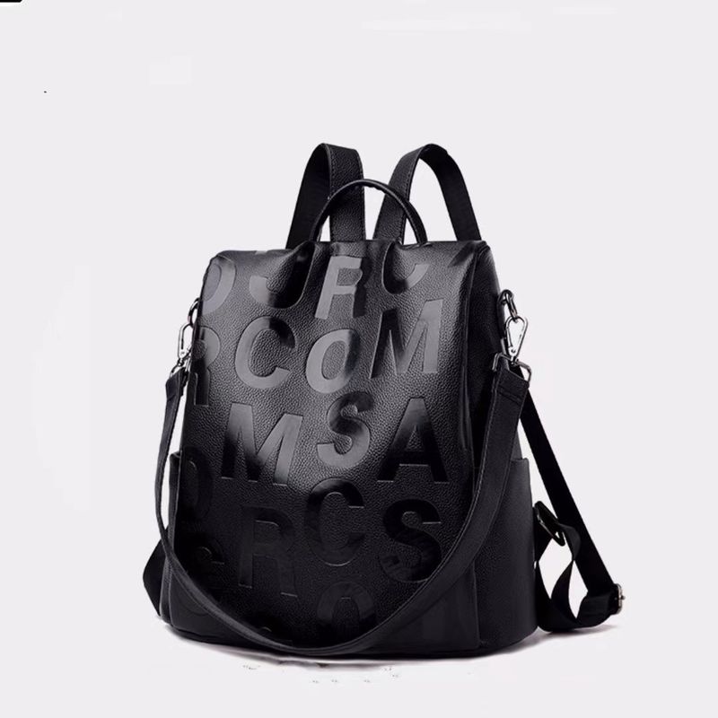 PUREPOWER - Mochila Mujer Cuero Negro Letras Estampadas