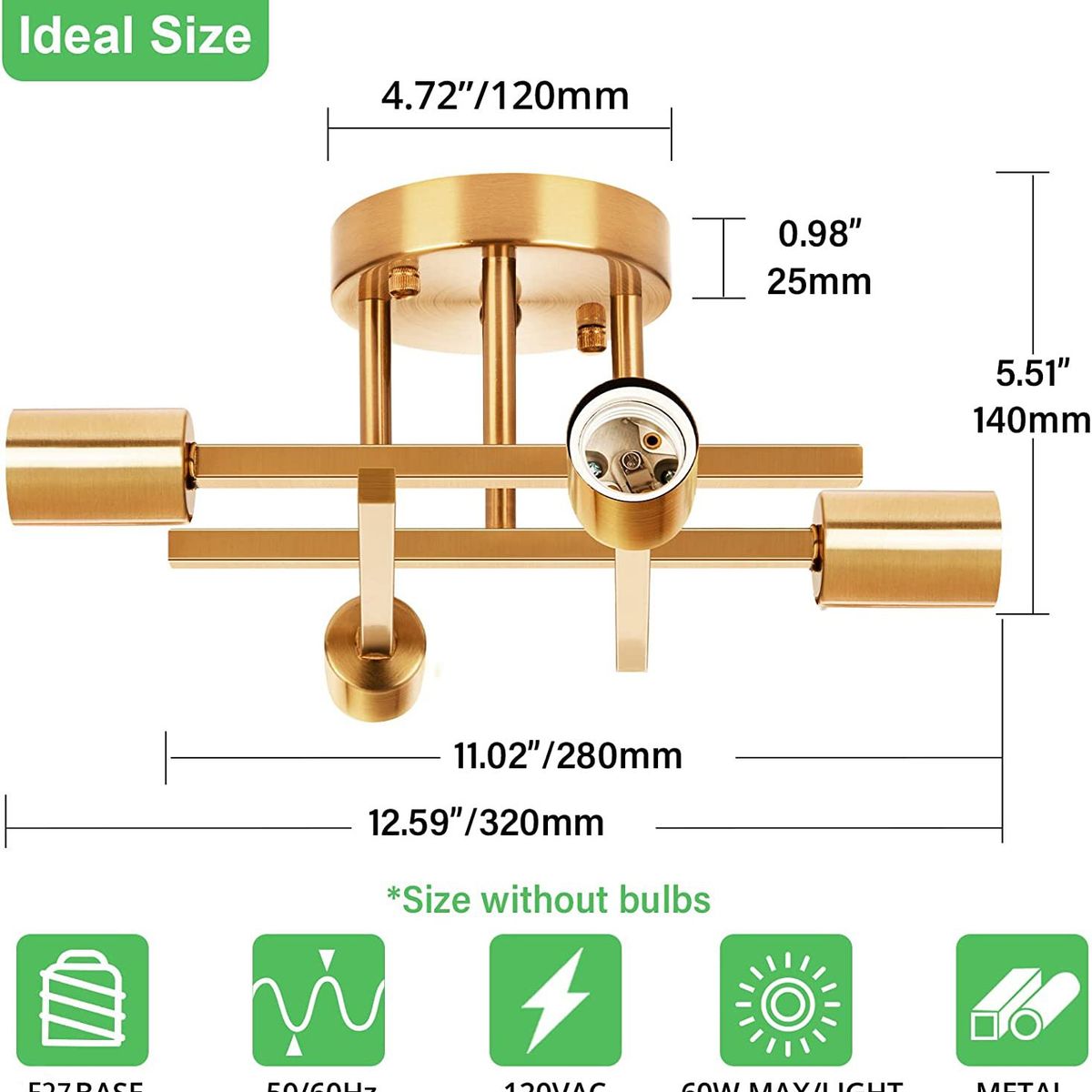 PUREPOWER - Lámpara de techo moderna metálica de 4 focos - Dorado