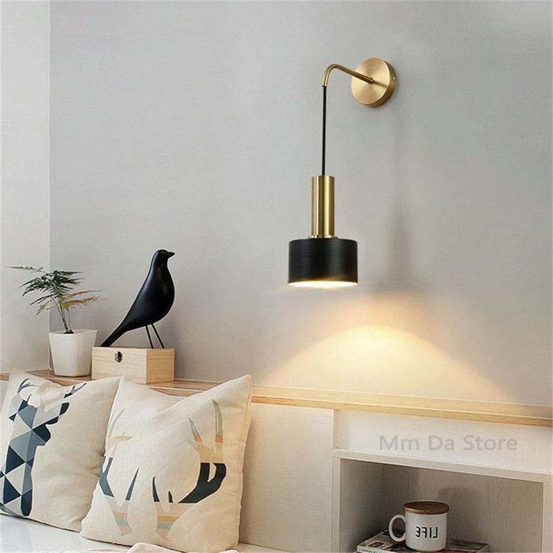 MMDH - Lámpara de pared de dormitorio de hierro chapado nórdico Negro D