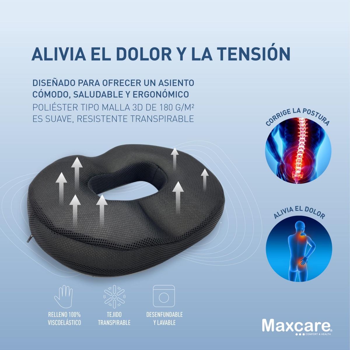 MAXCARE - Cojín Asiento Viscoelástico 44 X 35 X 7 Cm