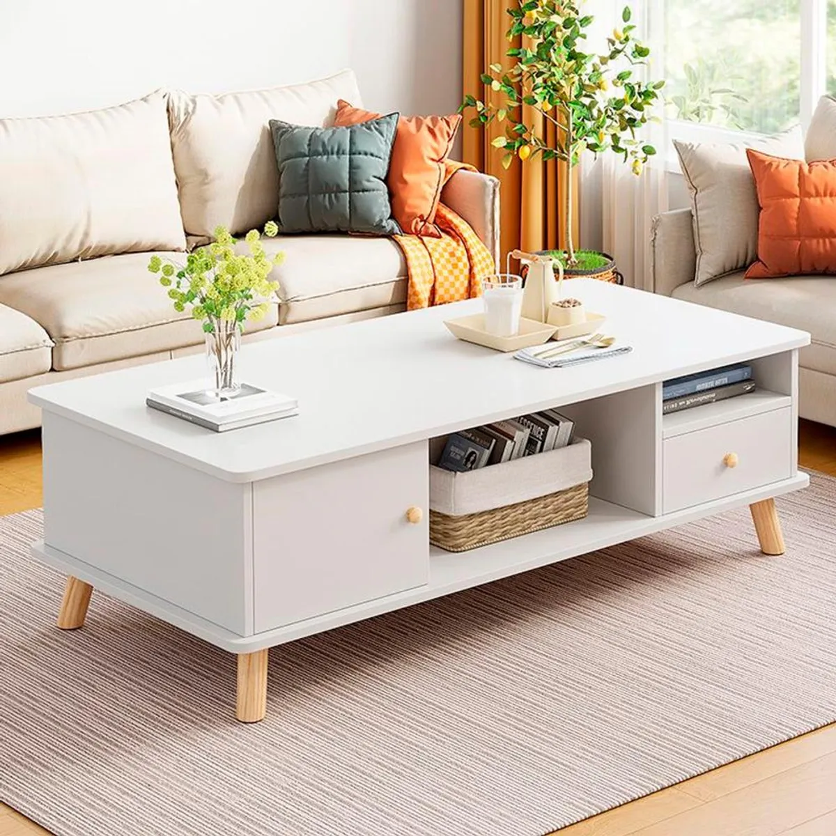 DETODOYMAS - Mesa De Centro 120x48x46cm con 2 cajones Chic Home - Blanco