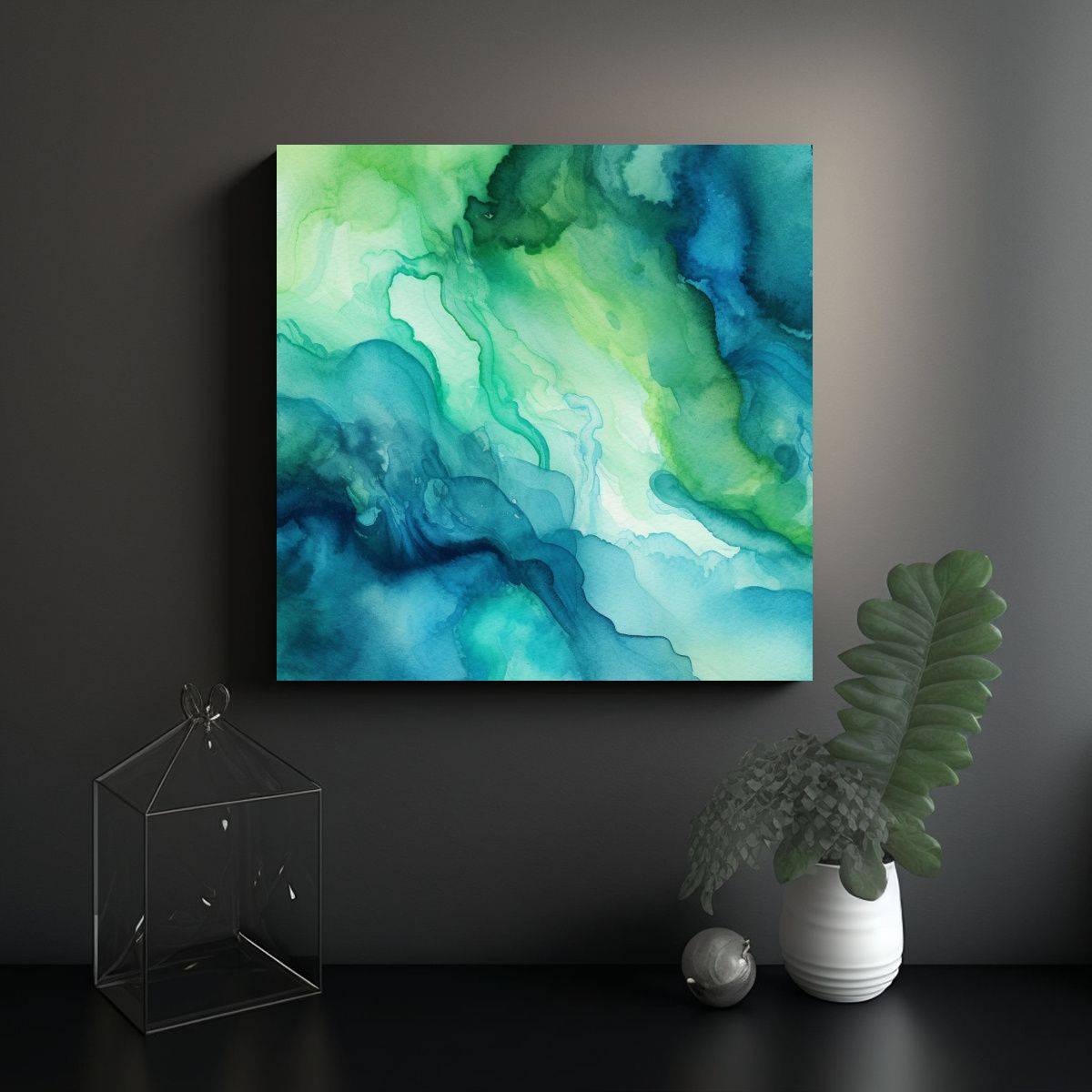 GENERICO - Pinturas Abstractas En Acuarela Verde Y Azul Con 60x60 Cm