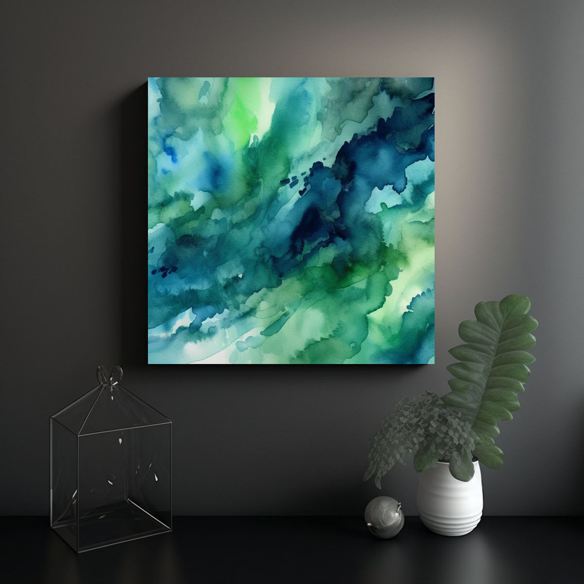 GENERICO - Cuadros Abstractos Acuarela Verde Azul Fantasía 70x70 Cm