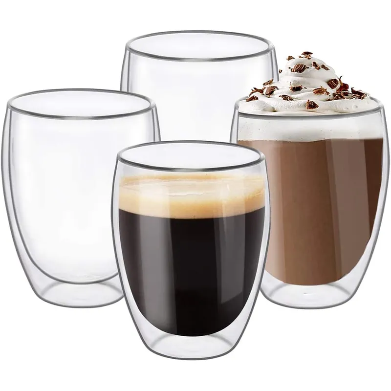 WAKESHOME - Set 4 Tazas Espresso Doble Pared 250ml Frio Caliente Sin Asa